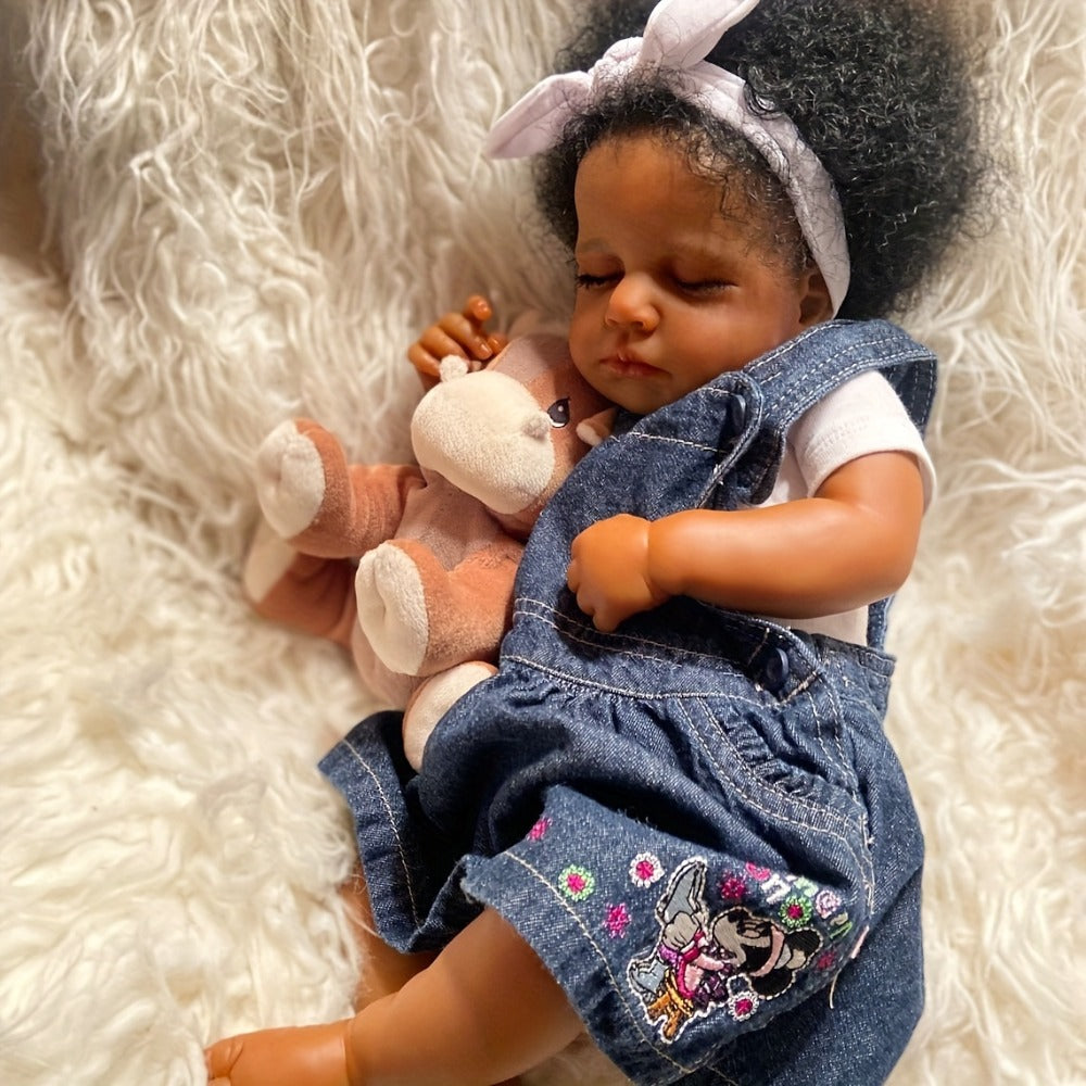 Reborn Baby Doll 19 Inch Curly Blue Hair with Sleeping Sounds Soft Cloth Body & 2.6lbs Lifelike Weight – Hand-Painted Details Includes Outfit Pacifier Plush Toy & Birth Certificate, Newborn Gift Ages 3+ 49cm