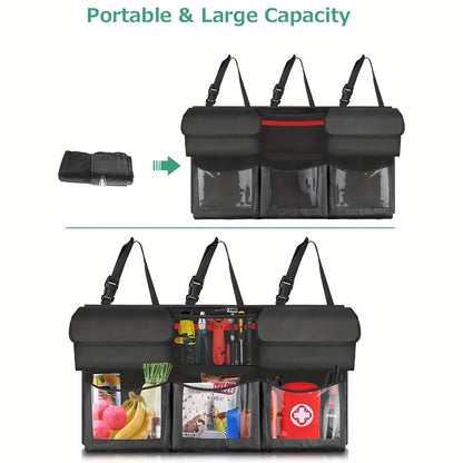 Suspended Car Trunk Organizer – Foldable Rear Seat Cargo Storage Bag with 6 Large Pockets & 3 Adjustable Straps, 40x19 Inch Trunk Organizer for Car