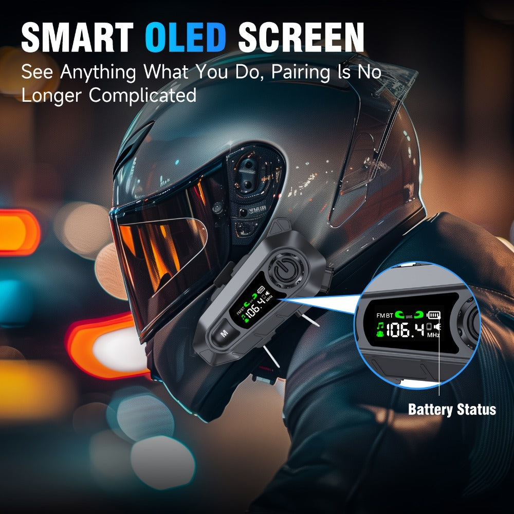 Motorcycle Helmet Bluetooth Intercom Headset 500M Range Bluetooth 5.3 LED Display Noise Cancelling Voice Control FM Radio Music Sharing for Off-Road Riding