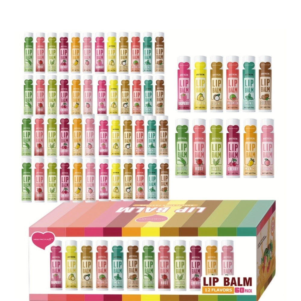 Glycerin Lip Butter Set 60 Pieces – 12 Scents Moisturizing Glossy Lip Balm, Deep Hydration for Soft Dry Lips, Valentine's Day & Holiday Gift Set for Women & Girls