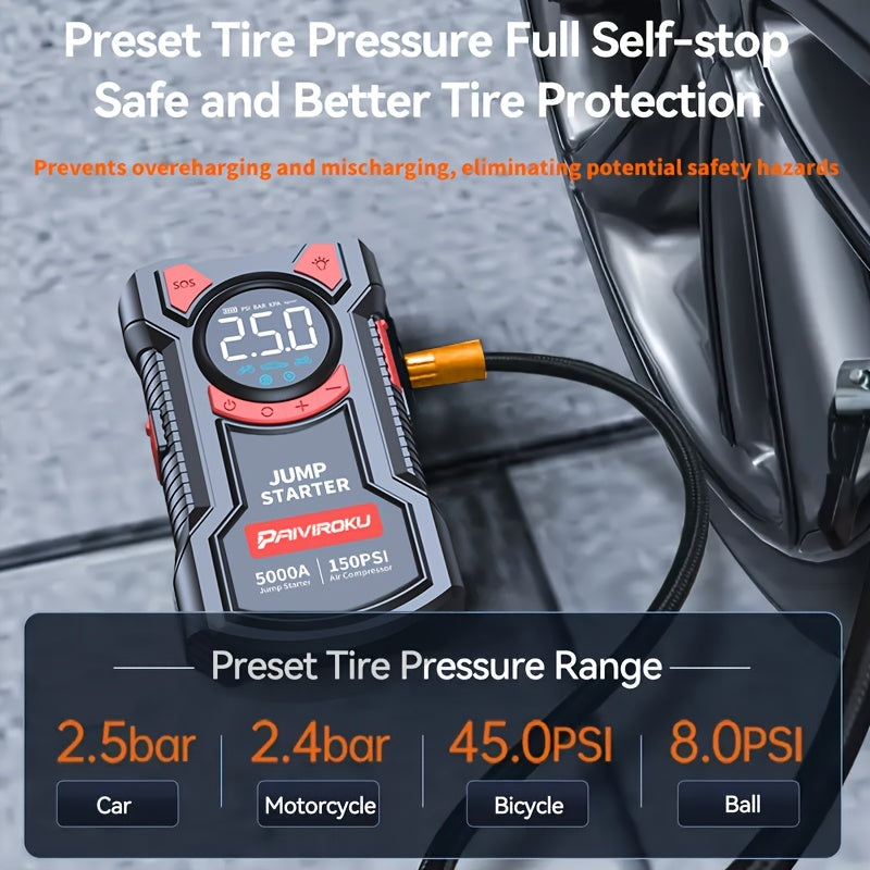 Jump Starter with Air Compressor, 150 PSI Car Air Compressor & 5000A Peak Car Jump Starter (2.64 Gallons Of Gasoline, 2.38 Gallons Of Diesel) with LED Light, Power Bank Function.