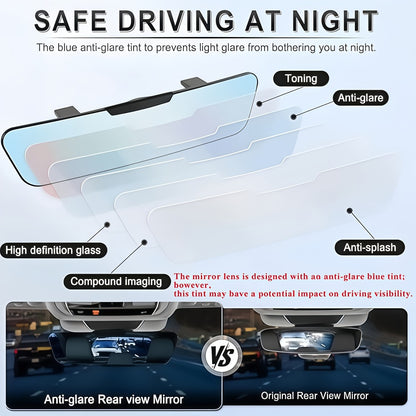 Anti-Glare Rearview Mirror 12" Wide Angle Panoramic – Universal Clip-On Convex Mirror for Car, SUV & Truck, Blind Spot Elimination | White & Blue