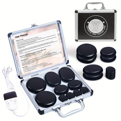 Hot Stone Massage Kit with Heater & Temperature Control – 10-Piece Professional Basalt Spa Stones Set for Full Body, Neck, Back & Leg Massage Therapy at Home or Salon