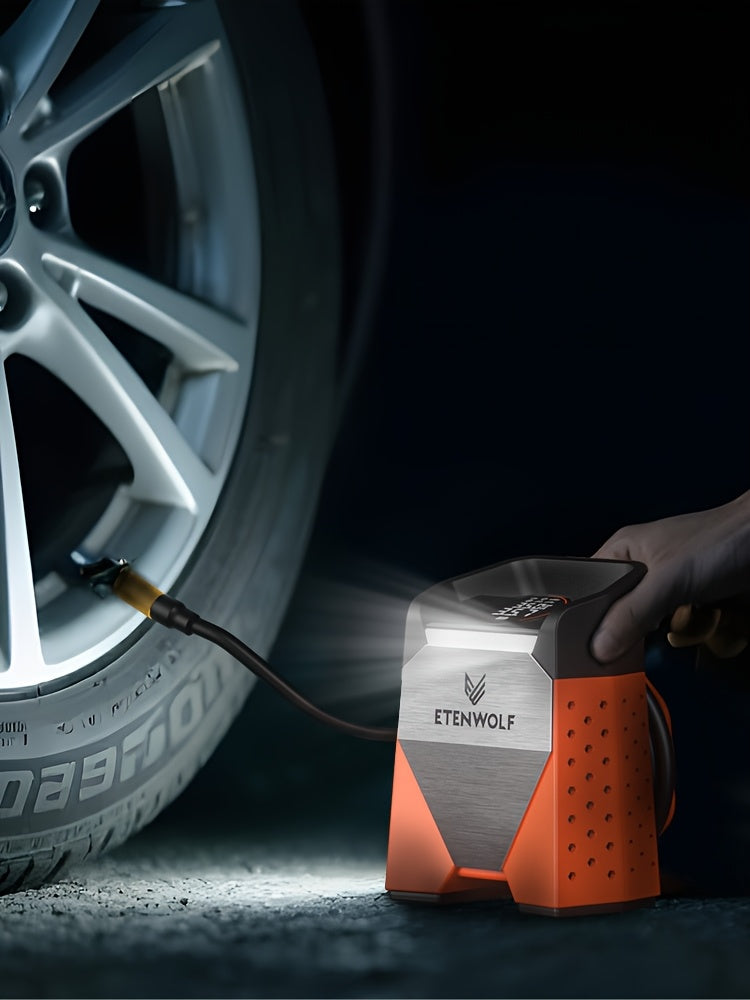 ETENWOLF S3C Ultra-Fast Tire Inflator with 160PSI and 5.81gal/Min Inflation and 7,800mAh Battery for Cars, Motorcycles, Bikes and Balls. Includes Pressure Monitor and Auto-stop Function, LED Lighting, a Variety of Adapted Nozzles and More!