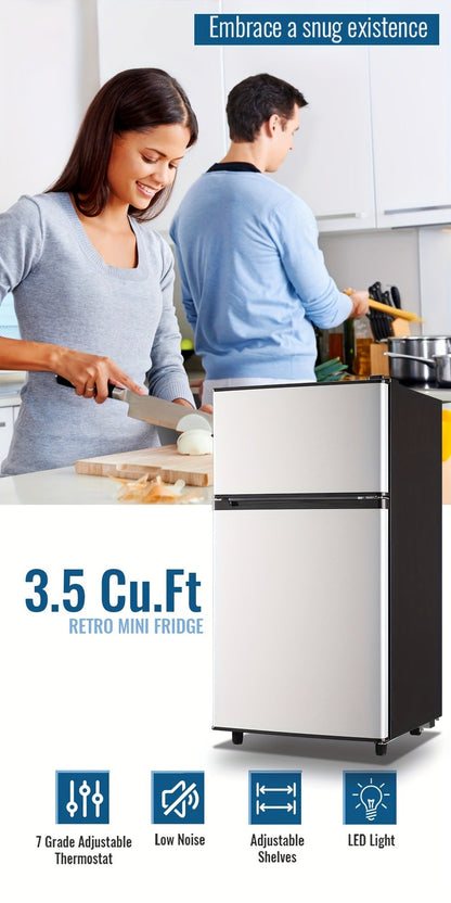 Small Fridge with Freezer, 2-Door Compact Refrigerator with 7-Level Adjustable Thermostat, Removable Shelves & Basket – 2.5 or 3.5 Cu Ft Silver Mini Fridge for Dorm, Office, RV and Bedroom