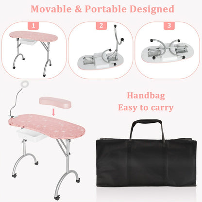 Foldable Nail Table with LED Lamp Drawer Lockable Wheels Wrist Cushion & Carrying Bag – Portable Manicure Station for Nail Salon Technician Home Studio White