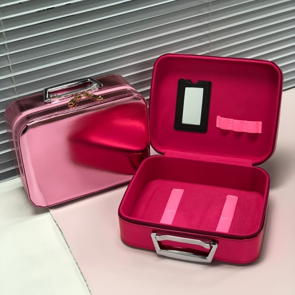 Glitter Makeup Travel Case Hard Shell Large Capacity Flat Lay Organizer Luxury Cosmetic Storage Box for Women Portable Fits in Suitcase Gold Rose Red Pink Size L Beauty Gift