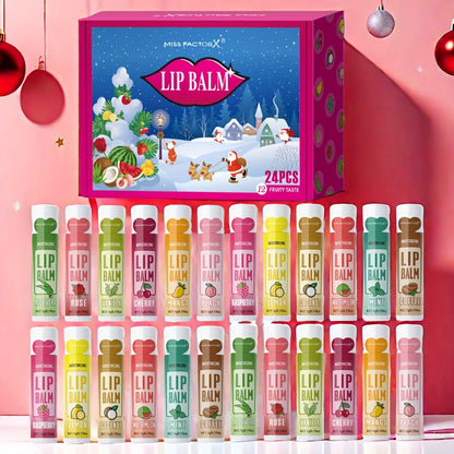 Lip Balm Set 24 Pcs Christmas Gift Box — Plant Fragrance Long-Lasting Moisturizing & Brightening Lip Color for Men & Women, Holiday Stocking Stuffer & New Year Party Favor Gift