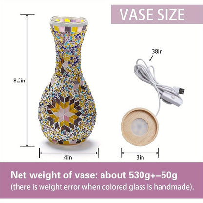 Mosaic Vase Lamp Turkish Moroccan Handmade Colorful Glass Table Lamp with Wooden Base – USB Plug-In Boho Night Light, Flower Vase Lamp for Bedroom Living Room Decor, Bohemian Mosaic Desk Lamp Gift