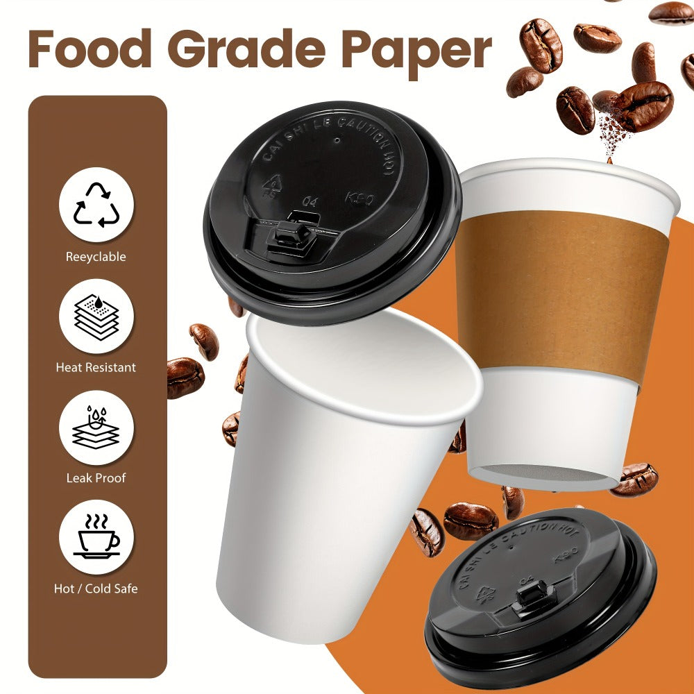 Disposable Paper Coffee Cups with Lids and Sleeves 12oz – Leak-Proof To-Go Hot Coffee Cups with Insulated Sleeve for Home, Office, Party & Coffee Bar | 50 or 100 Pack