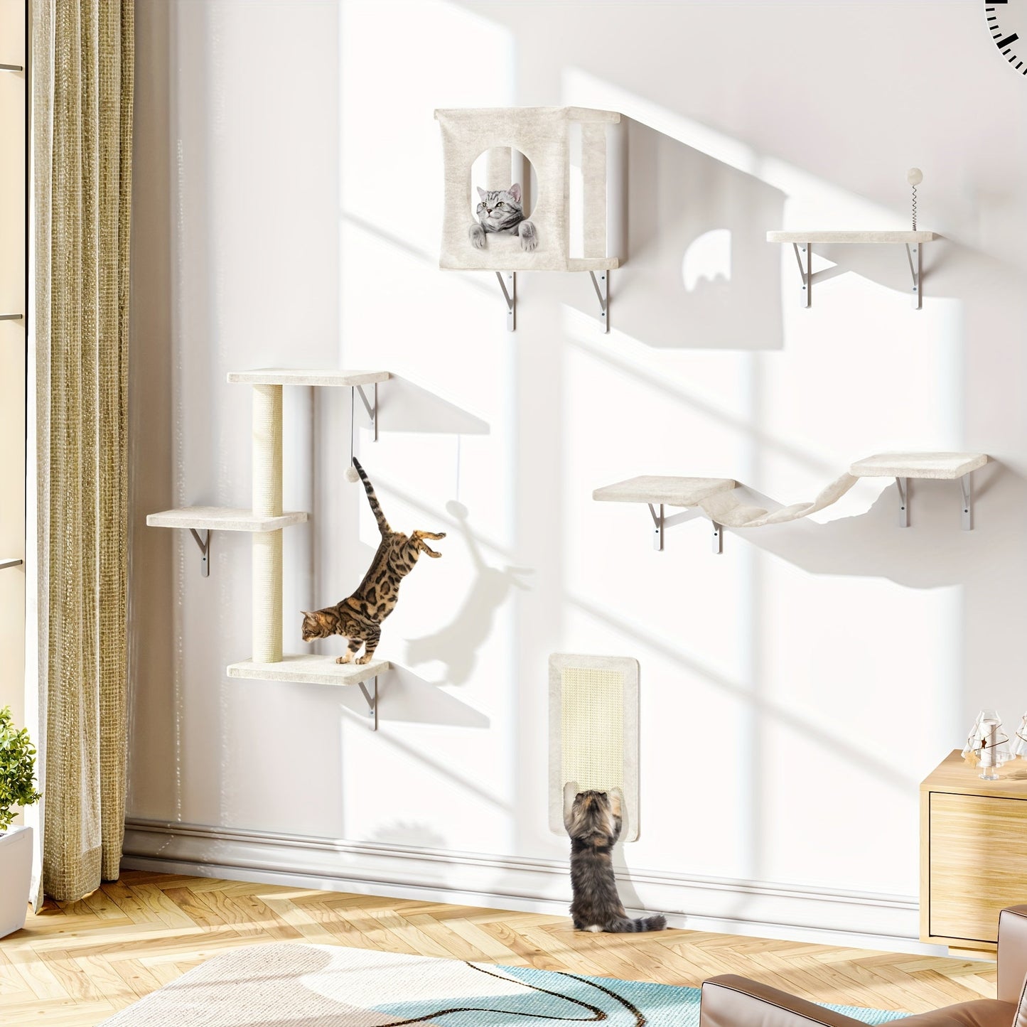 Cat Wall Shelves 5-Piece Set - Wall-Mounted Cat Furniture with Floating Perch, Cat Climber, Bridge & Cat Bed, Modern Cat Tree Alternative for Indoor Cats, Black / Grey / Beige