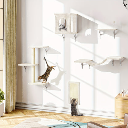 Cat Wall Shelves 5-Piece Set - Wall-Mounted Cat Furniture with Floating Perch, Cat Climber, Bridge & Cat Bed, Modern Cat Tree Alternative for Indoor Cats, Black / Grey / Beige