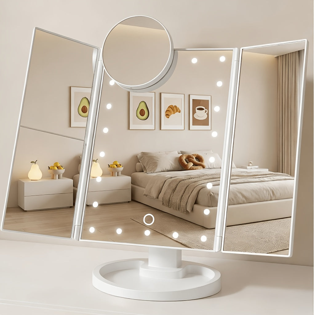 Vanity Mirror with Lights Tri-Fold 21 LED Lighted Makeup Mirror Touch Control 1X 2X 3X 10X Magnification 360 Rotation Dual Power Tabletop Trifold Mirror for Women Gift White Rose Gold