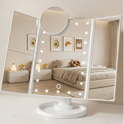 Vanity Mirror with Lights Tri-Fold 21 LED Lighted Makeup Mirror Touch Control 1X 2X 3X 10X Magnification 360 Rotation Dual Power Tabletop Trifold Mirror for Women Gift White Rose Gold