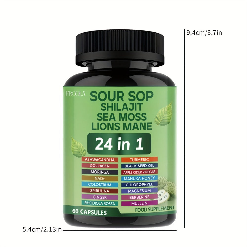 Soursop Capsules 24-in-1 with Sea Moss, Shilajit, Lion's Mane, Black Seed Oil, Chlorophyll & Turmeric – Immune & Liver Health Daily Wellness Supplement for Women & Men