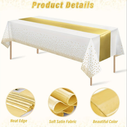 Disposable Tablecloth & Table Runner Set 10 Pack White Gold – Plastic Party Table Covers for Wedding Birthday Graduation Anniversary Baby Shower Bridal Shower Elegant Bulk Party Decorations