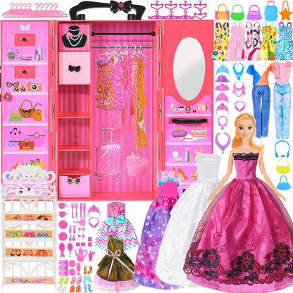 Fashion Doll Wardrobe Set 140pcs for 11.5 Inch Dolls – Deluxe Closet with Wedding Dress, Evening Gowns, Princess Dresses, Shoes, Necklaces & Accessories, Doll Included, Gift for Girls Ages 6-12