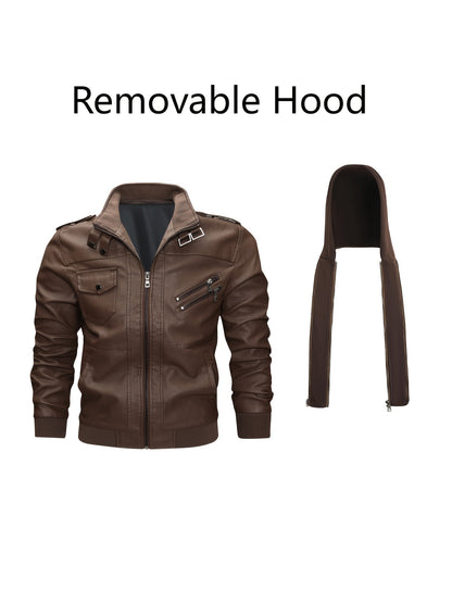 Men's Windproof Faux Leather Pullover Hoodie
