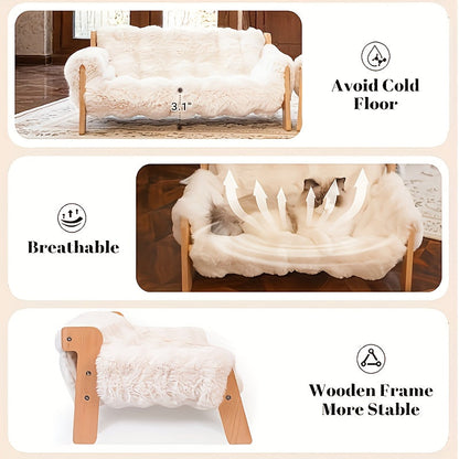 Raised Solid Wood Pet Couch Bed Elevated Modern Cat & Dog Sofa Chair 27x18x12 Inch - Thick Wide Wood Frame Space-Saving Cozy Pet Furniture for Cats & Small Dogs in White & Grey