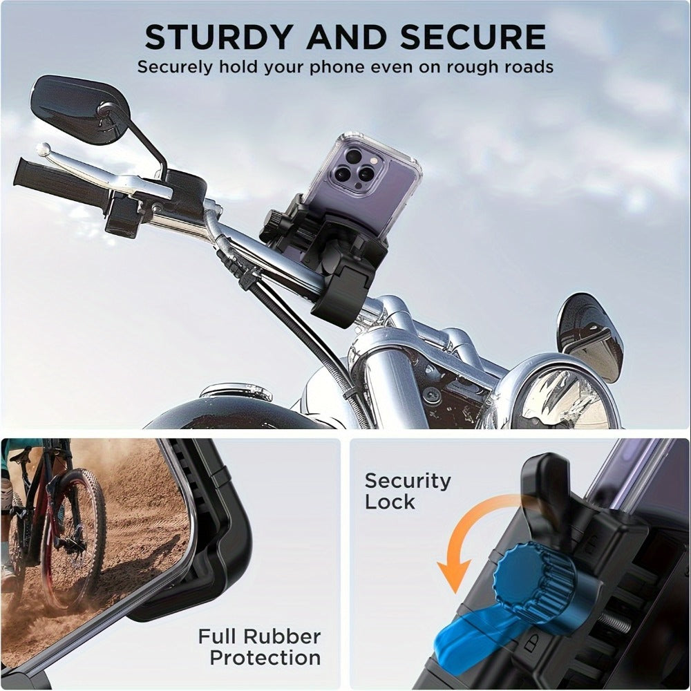 Motorcycle Phone Mount Handlebar Quick Lock – Universal Bike Phone Holder for 4"-7" Phones, No-Block Camera Design, Non-Slip Secure Clamp for iPhone, Samsung & All Smartphones, Black/Red