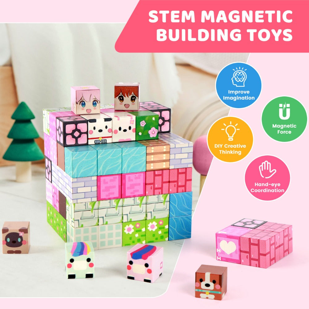 Pink Forest Park Magnetic Building Blocks 100 Piece STEM Set – 3D House Trees & Character Cubes Creative Construction Toy for Imaginative Play Birthday Christmas Gift for Girls Kids Ages 3+