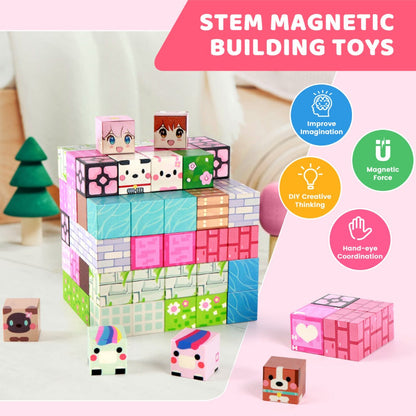 Pink Forest Park Magnetic Building Blocks 100 Piece STEM Set – 3D House Trees & Character Cubes Creative Construction Toy for Imaginative Play Birthday Christmas Gift for Girls Kids Ages 3+