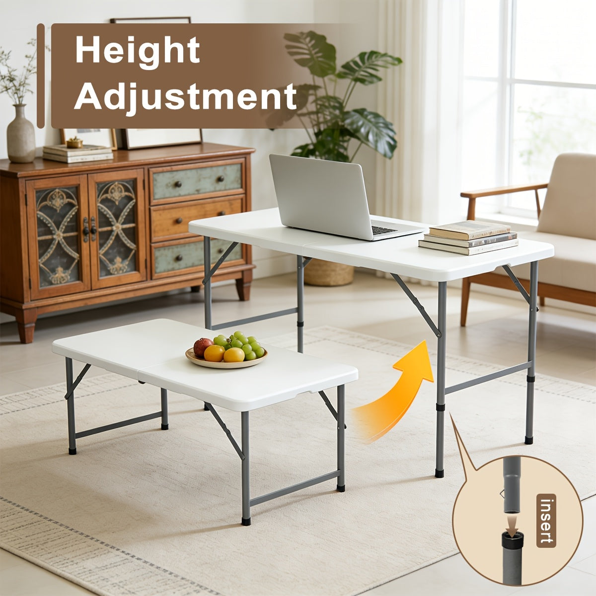 Folding Picnic Table Portable Plastic Camping Table Indoor Outdoor with Carrying Handle Lock 4FT 6FT Lightweight Fold Up Dining Table for Camping Backyard BBQ Party Beach White