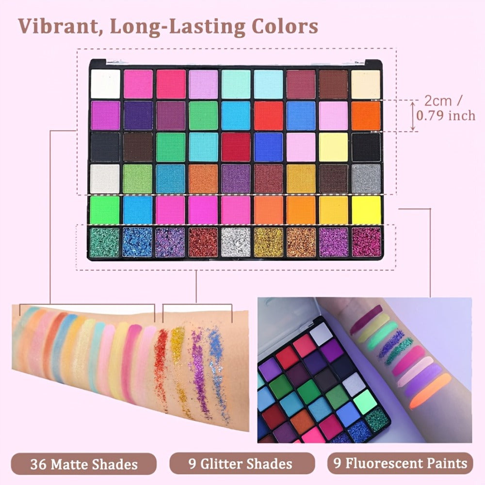 54 Color Face & Body Paint Kit with UV Fluorescent, Matte & Glitter Shades — Pattern Templates, Brushes & Tattoo Stickers for Sports, Cheerleading, Halloween, Festivals & Parties