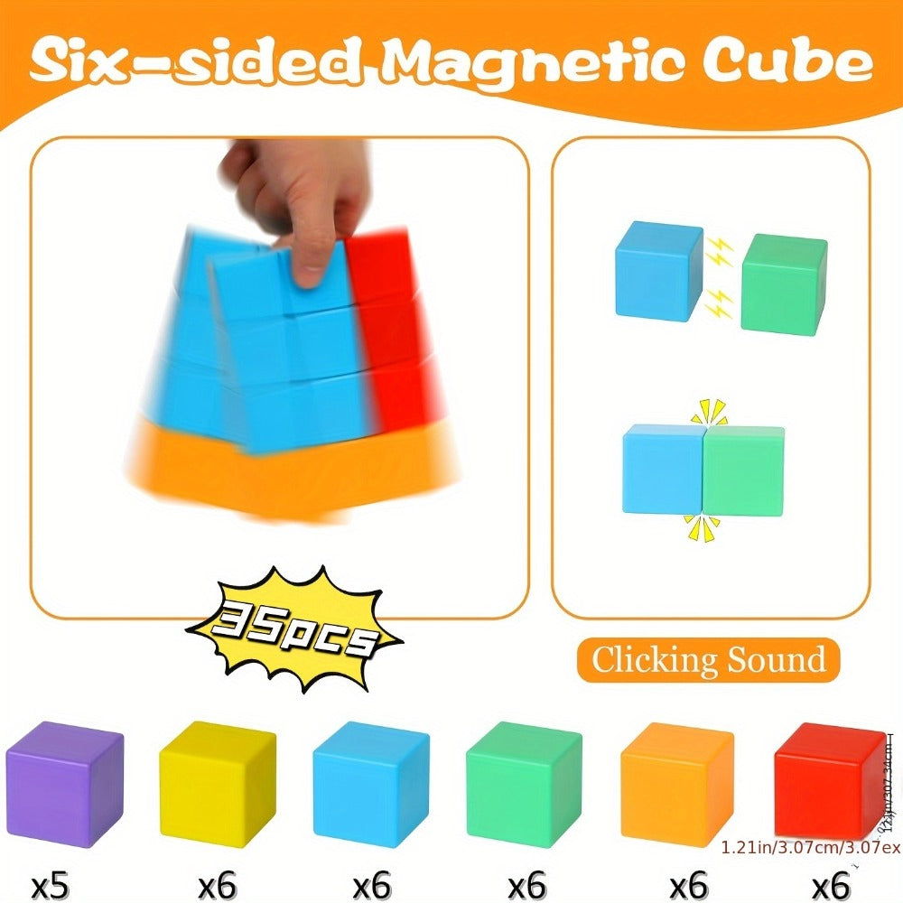 Magnetic Cube Building Blocks 35 Pcs for Toddlers Rainbow Sensory STEM Toy Ages 3-5 – Safe Large Sealed Magnet Blocks for Boys & Girls, Bath Toy, Educational Construction Gift