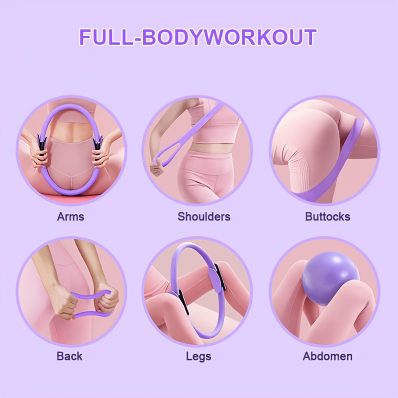 Silicone Pilates Exercise Set 16-Piece – Pilates Rings, Resistance Bands, Yoga Ball & Accessories for Home Yoga & Daily Fitness Workouts – Pink & Purple