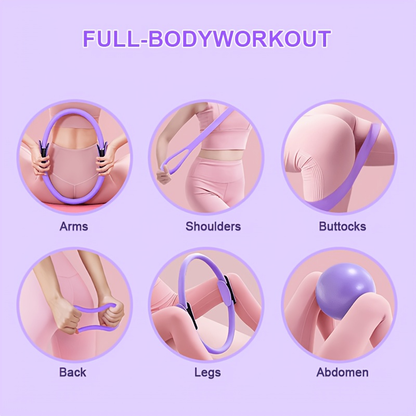 Silicone Pilates Exercise Set 16-Piece – Pilates Rings, Resistance Bands, Yoga Ball & Accessories for Home Yoga & Daily Fitness Workouts – Pink & Purple
