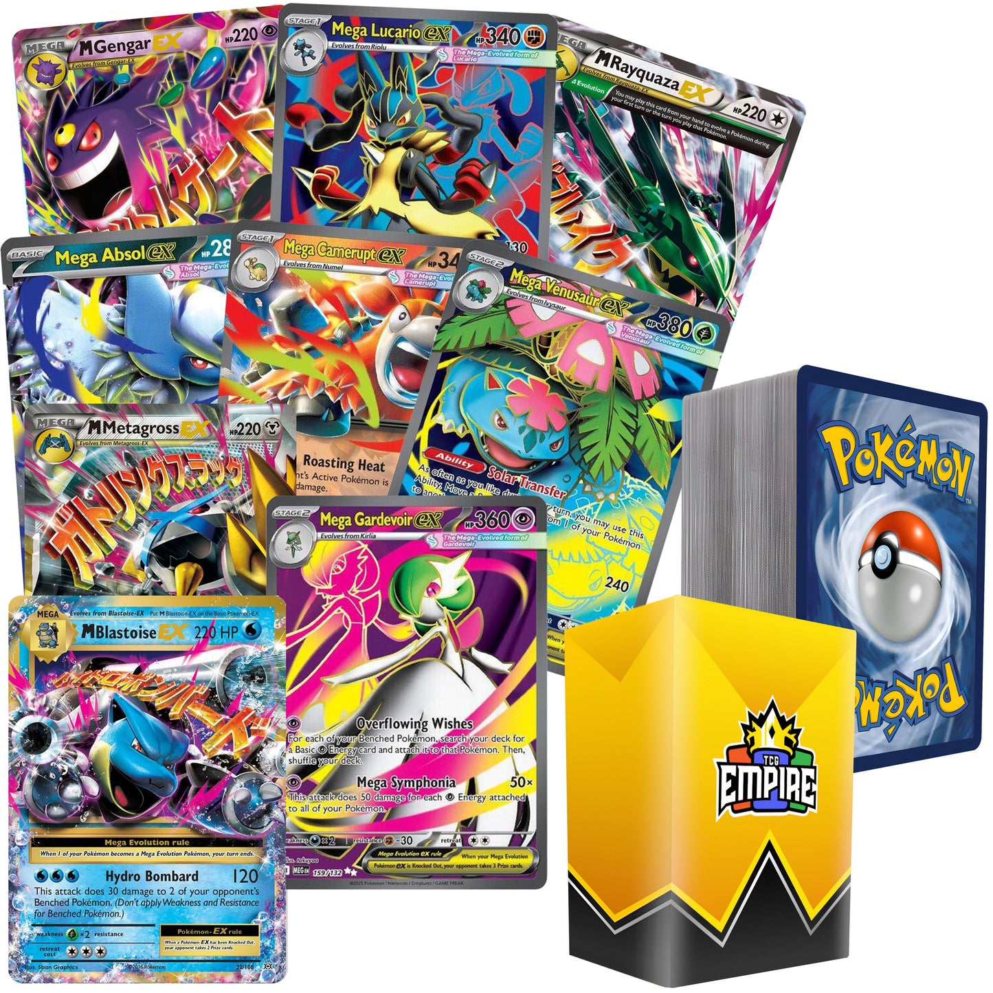Pokemon Mega EX Bundle 100+ Cards – 1 Guaranteed Mega EX + 10 Holos & Rares | TCG Empire Storage Box | Authentic Pokemon TCG Gift for Kids Teens & Collectors
