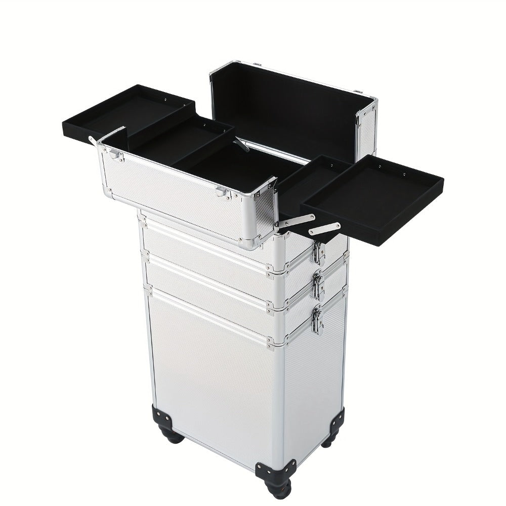 Rolling Makeup Case Aluminum 4-in-1 Extra Large Professional Cosmetic Trolley with 360° Swivel Wheels for Makeup Artist Tattoo Artist Salon Travel Black Pink Silver