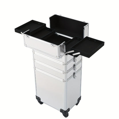 Rolling Makeup Case Aluminum 4-in-1 Extra Large Professional Cosmetic Trolley with 360° Swivel Wheels for Makeup Artist Tattoo Artist Salon Travel Black Pink Silver
