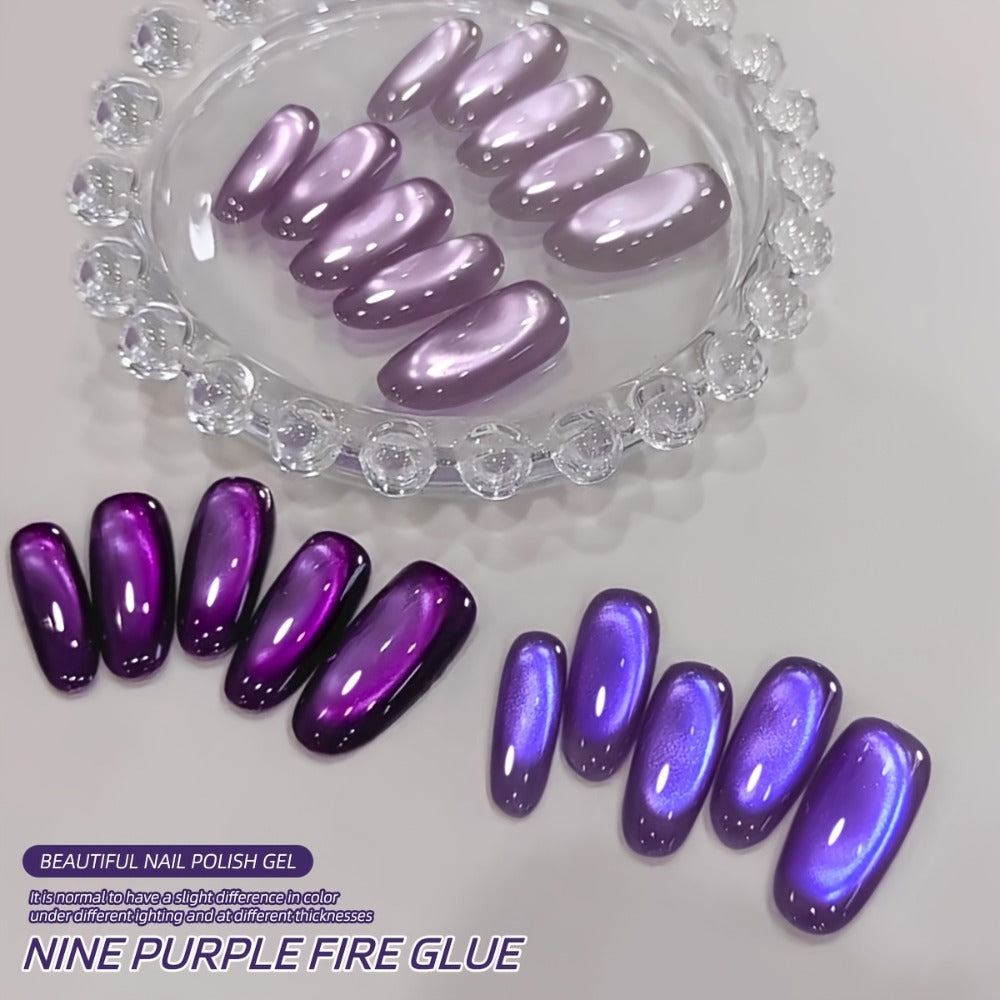Cat Eye Gel Nail Polish Set 4pcs Purple Iridescent Glass Bead — Nine Purple Fire Aurora Shimmer UV LED Soak-Off Gel Polish for Women, Salon & Home DIY Nail Art Manicure Kit