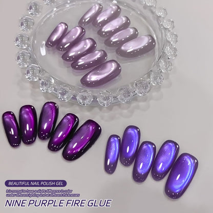 Cat Eye Gel Nail Polish Set 4pcs Purple Iridescent Glass Bead — Nine Purple Fire Aurora Shimmer UV LED Soak-Off Gel Polish for Women, Salon & Home DIY Nail Art Manicure Kit