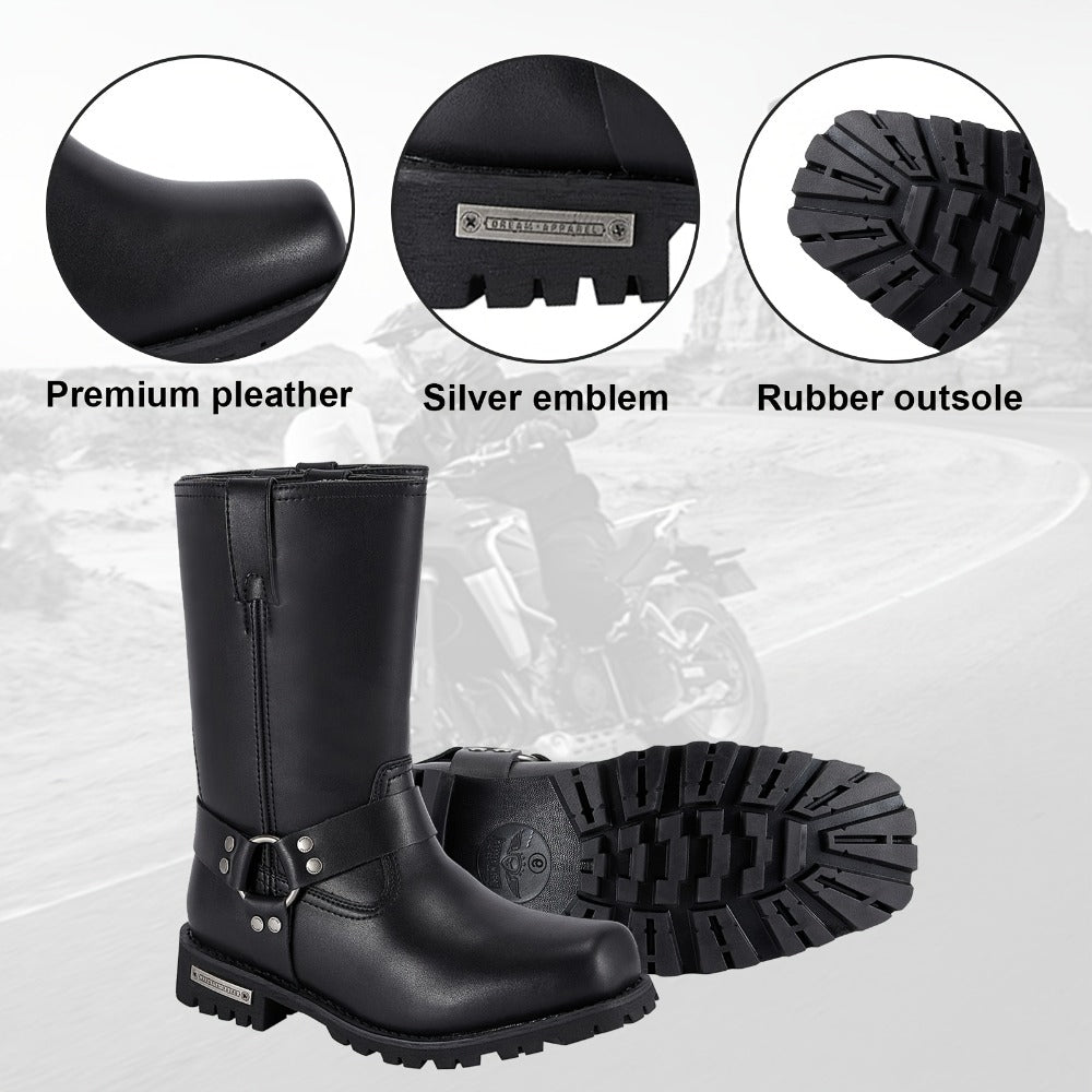 Men's Motorcycle Boots 11" Harness – PU Leather Non-Slip Square Toe Mid-Calf Biker Boots, Abrasion Resistant All-Season Riding Boots, Sizes US 8 to US 14, Black
