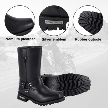 Men's Motorcycle Boots 11" Harness – PU Leather Non-Slip Square Toe Mid-Calf Biker Boots, Abrasion Resistant All-Season Riding Boots, Sizes US 8 to US 14, Black