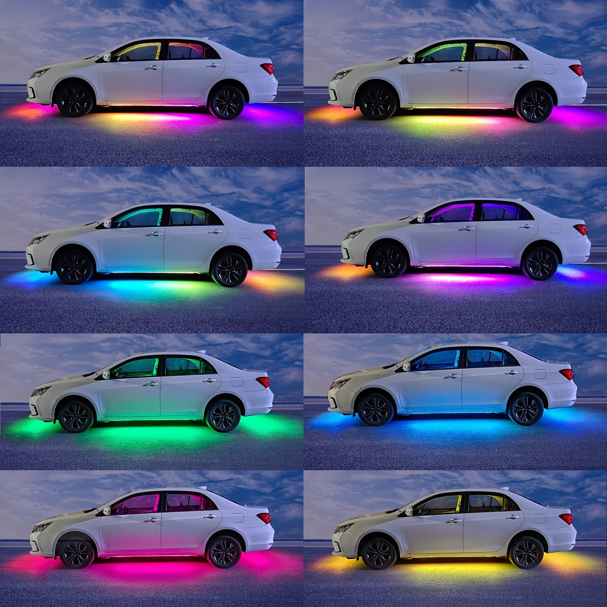 4pcs Car Underglow Neon Accent Strip Lights, App Control 16 Million Colors Music Mode, RGB 8 Color Sound Active Function Music Mode with Wireless Remote Control Underbody Light Strips for Car Van SUV Truck, DC 12V 90*120cm/35.43in+47.24in