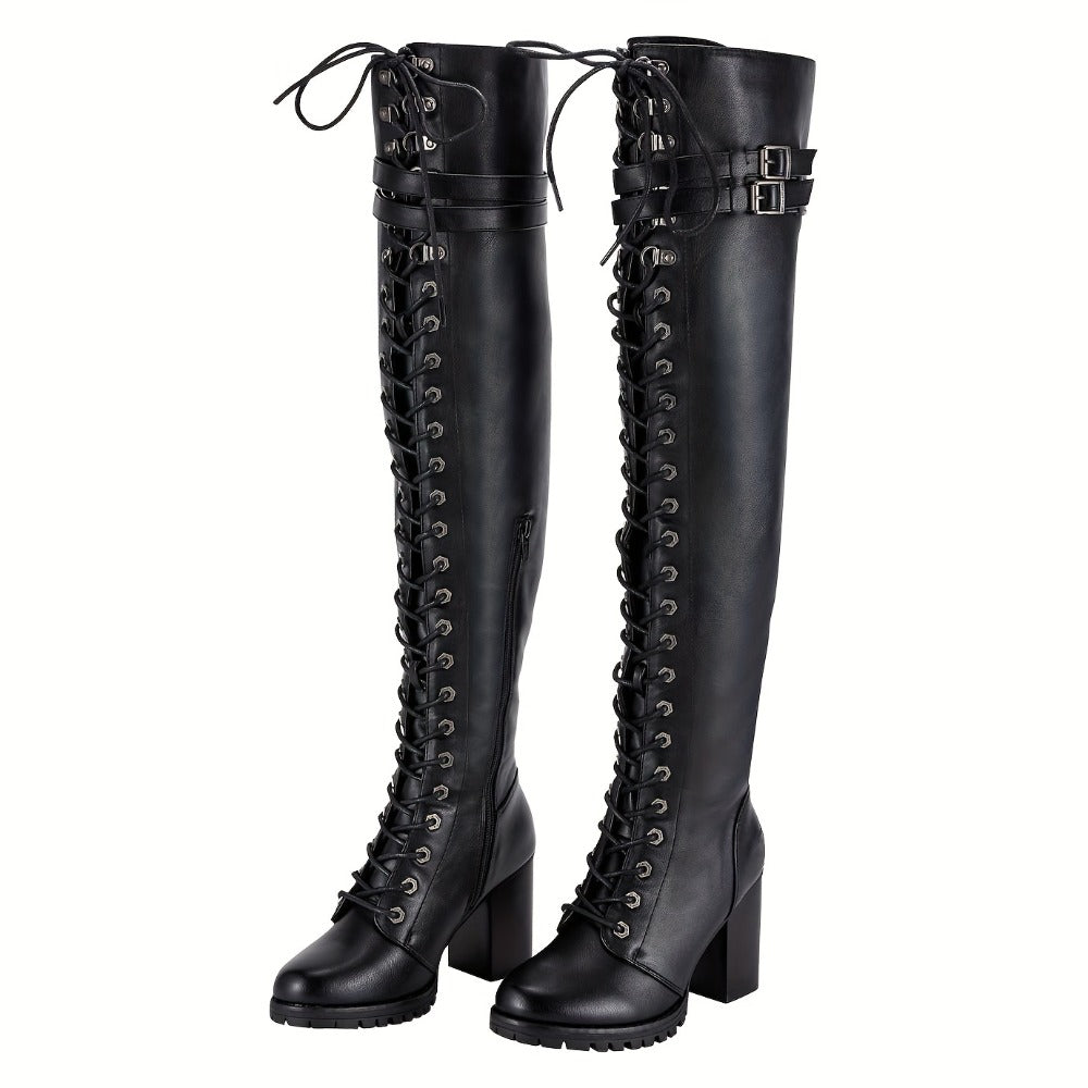 Women's Over-the-Knee Biker Boots, Faux Leather Thigh High Lace-Up Knee High Boots with Chunky Heel & Buckle, Sexy Round Toe Riding Boots in Black, US Sizes 6–10