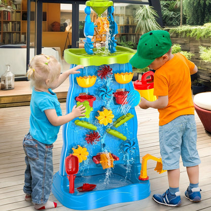 Water Play Table for Kids Double-Sided Waterfall & Beach Sand Zone – Outdoor Sensory Activity Toy for Toddlers Ages 3+, Beach Tools Included, Backyard Summer STEM Gift for Boys & Girls