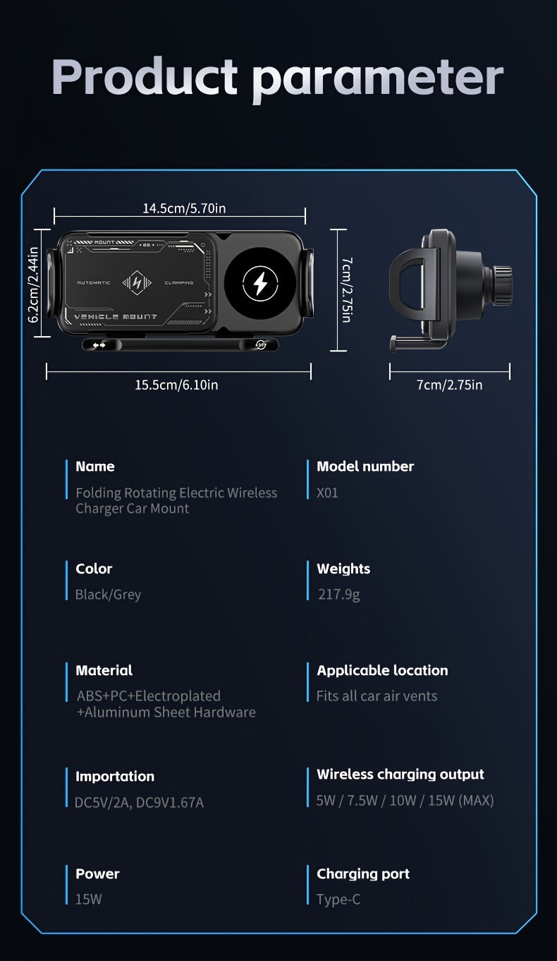 Car Mount with Wireless Fast Charging for iPhone 8/X/11/12/13/14/15 Series, for SamSung Note20/10/9/8 Series, S10/9/8 Series, for Fold 5, Fold 6, W23/W24 - Supports Folding Screens, Wireless Charging Output up to 15W (MAX)