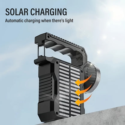 LED Searchlight Spotlight Solar & USB Rechargeable | High-Power Handheld Flashlight with Side Light Locking Clip 4 Modes | Camping Fishing Work Outdoor Emergency Gift