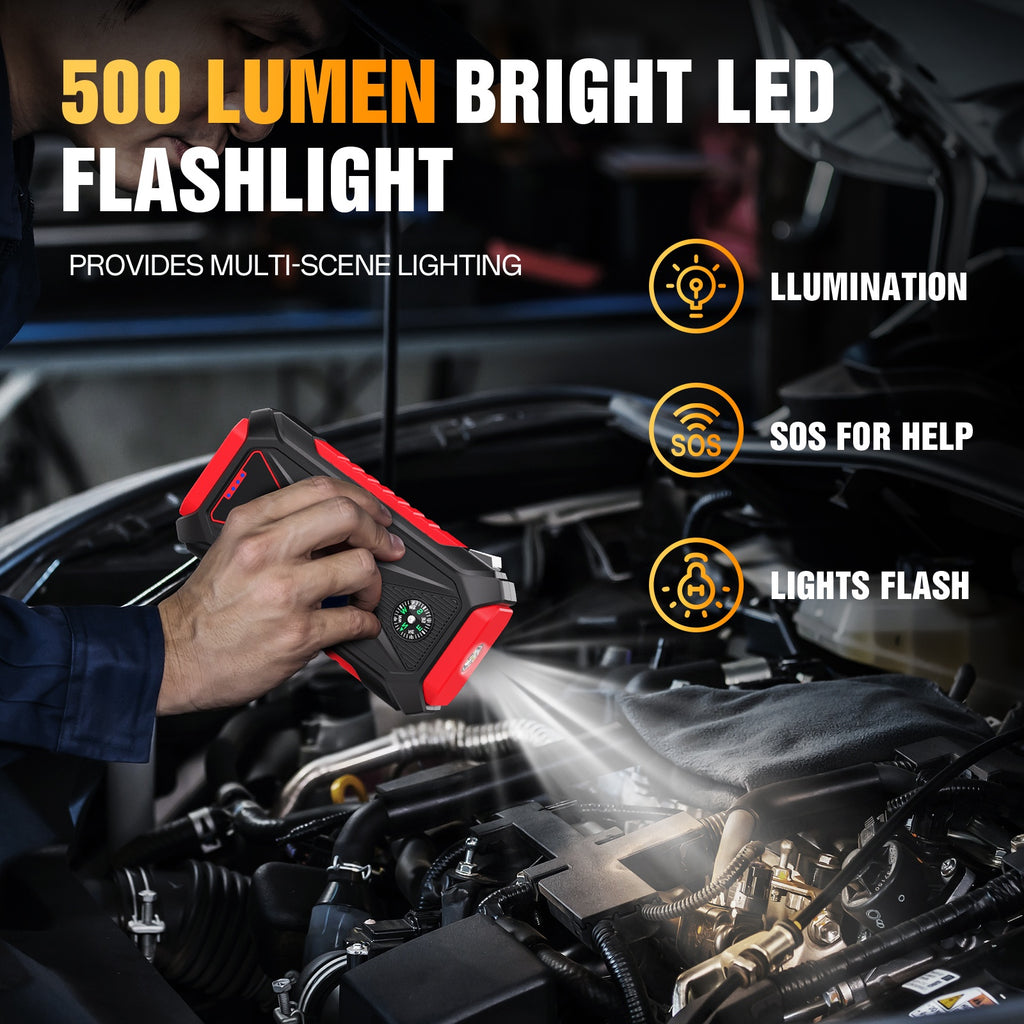 12V Portable Battery Starter | 5000A Peak Jump Starter for 2.64gal Gasoline and 2.11gal Diesel Engines, LED Flashlight, SOS Warning Lights, Emergency Power Supply with Safety Hammer and Compass, USB Dual Use, Rechargeable Lithium Polymer Battery, For RV