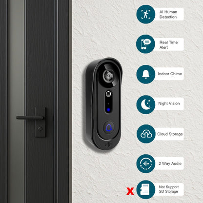Video Doorbell Camera 1080P HD Wireless with Night Vision, Motion Detection, Two-Way Audio, Indoor Chime & Cloud Storage – 5200mAh Battery, 166° Wide Angle, 2.4GHz WiFi Smart Door Camera
