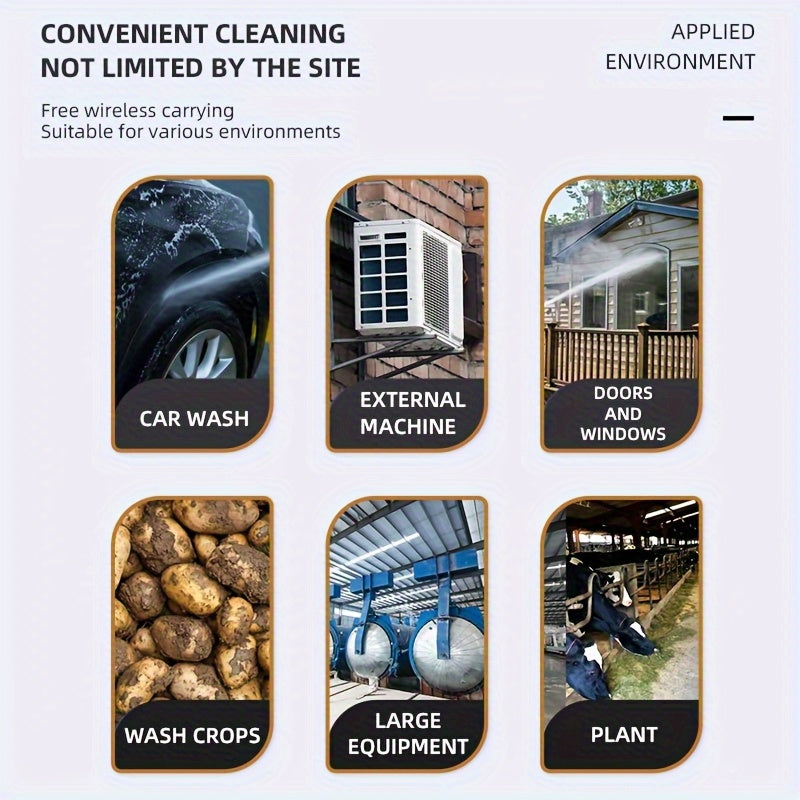 Wireless High-pressure Cleaner with Rechargeable Battery, Available in 1-battery or 2-battery Options. Battery-powered, Suitable for Cars, Yards, Driveways, and Gardens. Features a Green Stainless Steel Foam Nozzle. Portable Electric Car Wash Tool