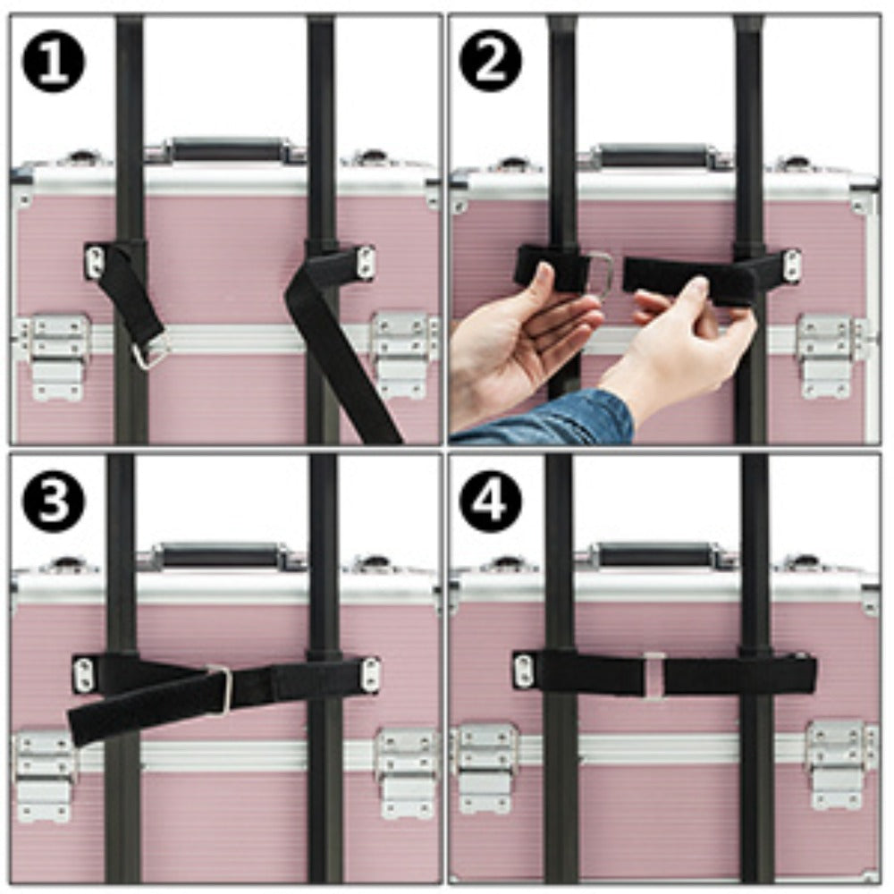 Makeup Train Case Rolling 4-in-1 Aluminum Lockable Trolley with 4 Removable Wheels Collapsible Trays DIY Compartments Telescopic Rod Cosmetic Organizer for Makeup Artists Salon Travel Black Pink Rhinestone