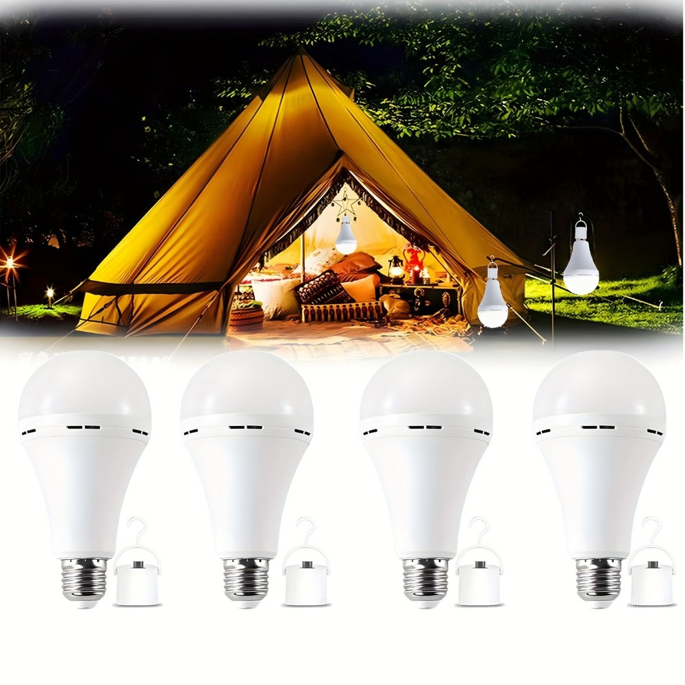 Rechargeable Emergency LED Light Bulb 12W 6500K 2000mAh with Polished Metal Finish – Spherical Design Half-Flip Installation Backup Battery Bulb for Camping Hiking Indoor Outdoor Power Outage, 4 Pack