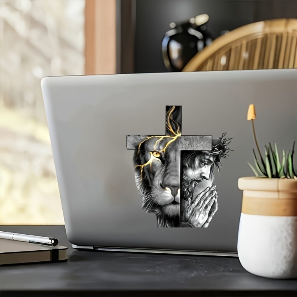 Christmas Lion Cross Stickers 2PCS - Vinyl Decals for Car Bumper, Window, Laptop, Wall Art, Truck, SUV, Guitar & More
