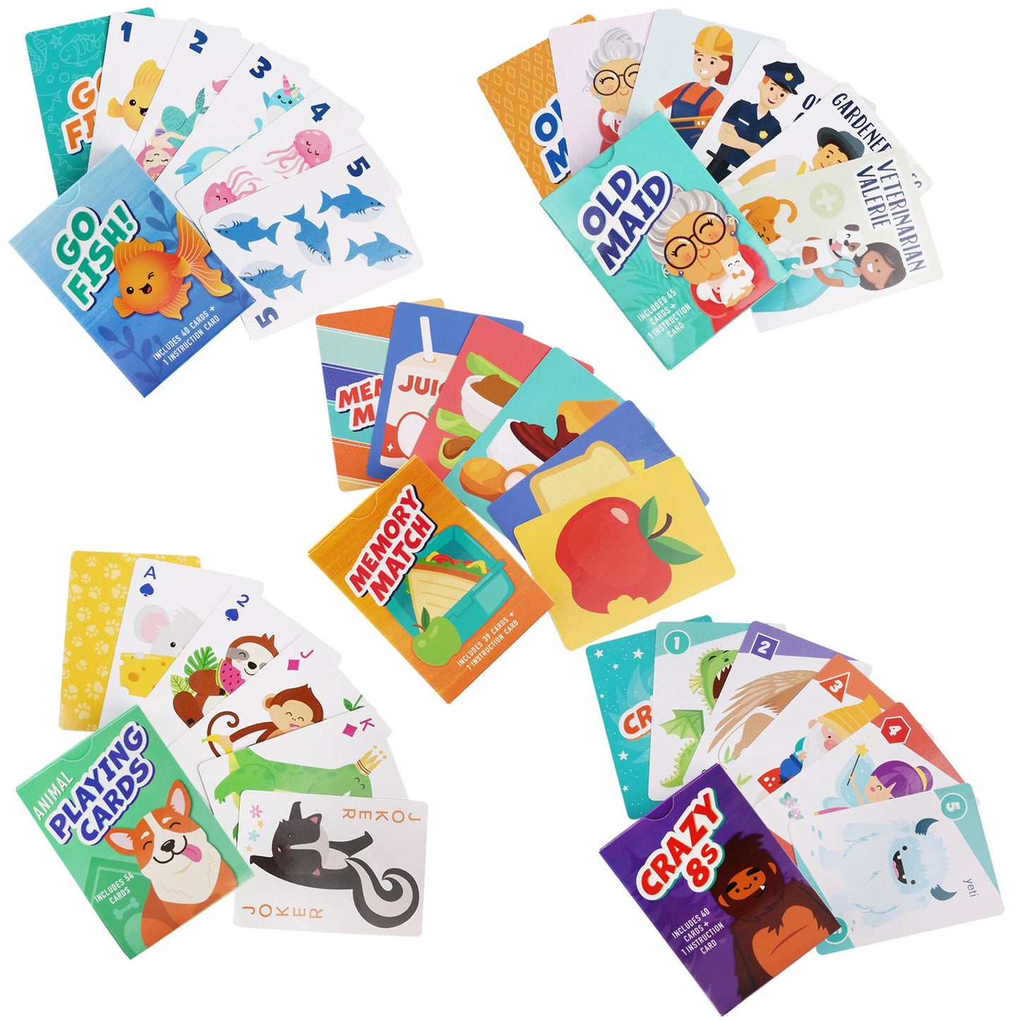 Kids Card Games Set – Go Fish, Old Maid, Memory Match & Crazy Eights Playing Cards for Boys Girls Ages 4+, 2 or 3 Deck Bundle, Family Game Night, Birthday Christmas Gift